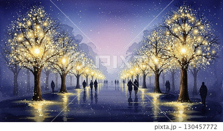 並木道のイルミネーションと雪景色 水彩タッチ 130457772