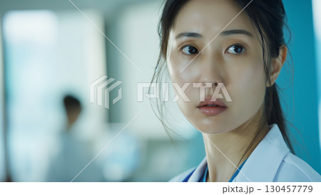 遠くを見つめる女性日本人医師 130457779