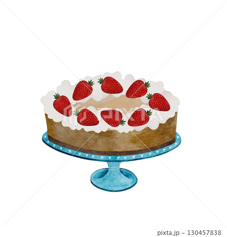 Watercolor cake with whipped cream and strawberries. Cake on a turquoise stand, isolated on white. 130457838