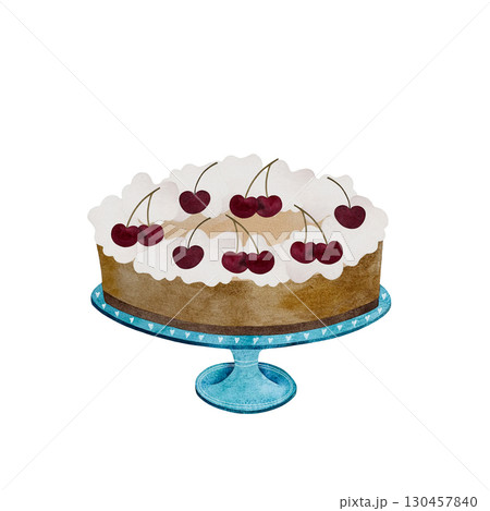 Watercolor cake with whipped cream and cherry. Cake on a turquoise stand, isolated on white. Watercolor cake with whipped cream and cherry. Cake on a turquoise stand, isolated on white. 130457840