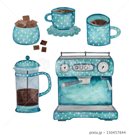 Watercolor turquoise coffee set. Collection of turquoise coffee related items isolated on white. Includes machine, cups and pots. Watercolor turquoise coffee set. Collection of turquoise coffee related items isolated on white. Includes machine, cups and pots. 130457844