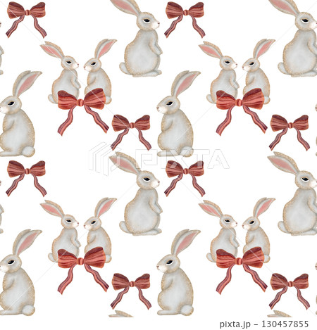 Watercolor bunny seamless pattern. Gray bunnies with pink bows on white background. Watercolor bunny seamless pattern. Gray bunnies with pink bows on white background. 130457855