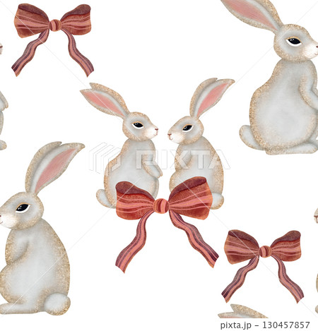 Watercolor bunny seamless pattern. Gray bunnies with pink bows on white background. Watercolor bunny seamless pattern. Gray bunnies with pink bows on white background. 130457857
