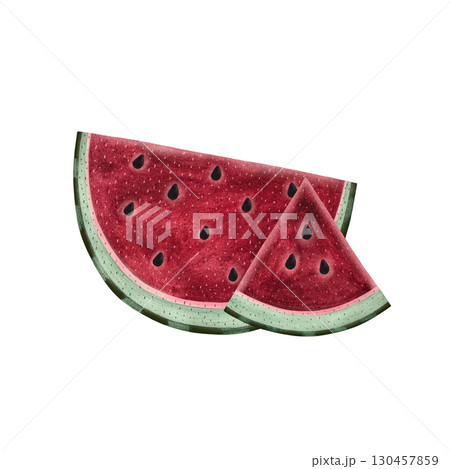 Watercolor watermelon slices. Two differently shaped slices isolated on white background. 130457859