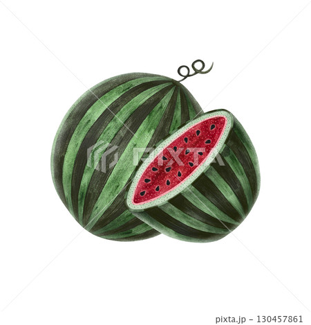 Watercolor watermelon illustration. Whole watermelon and half slice on white background. Watercolor watermelon illustration. Whole watermelon and half slice on white background. 130457861