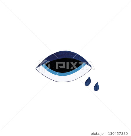 A watercolor illustration of a stylized eye with a bright blue eyelid and delicate teardrops on a white background. This expressive and artistic design evokes emotion and creativity, perfect for 130457880