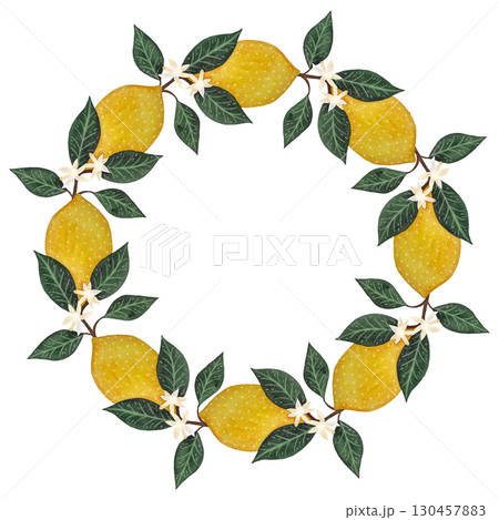 Watercolor lemon branch frame. Round frame with lemons, leaves on white background. Watercolor lemon branch frame. Round frame with lemons, leaves on white background. 130457883