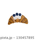 Watercolor croissant with white cream and blueberries. Pastry isolated on white background. 130457895