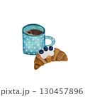 Watercolor turquoise coffee cup and croissant. Delicious breakfast scene with blueberries, on white. 130457896