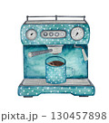 Watercolor turquoise coffee machine. Espresso maker with a cup of coffee, isolated on white. 130457898