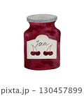 Watercolor cherry jam jar. Glass jar filled with homemade cherry jam on white background. 130457899