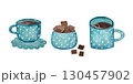 Watercolor turquoise coffee cups & sugar bowl. Includes cane sugar cubes. Isolated on white. 130457902