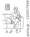 Hand drawn illustration of a mother working on a laptop while holding a baby on a couch 130457998