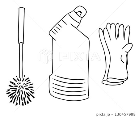 Hand drawn set of cleaning tools including toilet brush, gloves and detergent bottle 130457999