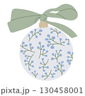 Hand drawn Christmas ornament with a green bow and blue floral pattern on a white background 130458001