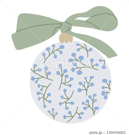 Hand drawn Christmas ornament with a green bow and blue floral pattern on a white background Hand drawn Christmas ornament with a green bow and blue floral pattern on a white background 130458001