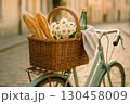 Bicycle Basket with Baguette and Flowers 130458009