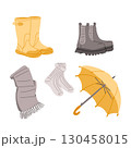 Set of autumn accessories including boots, socks, scarf, and umbrella in soft colors 130458015