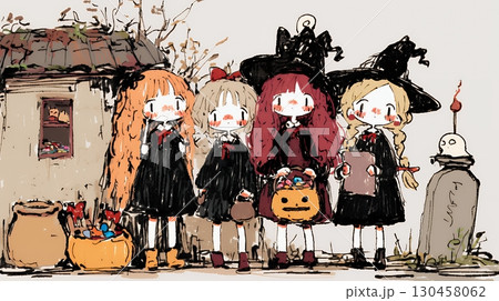キモかわいいハロウィーンコスプレの女の子（クレヨンと水彩画風）