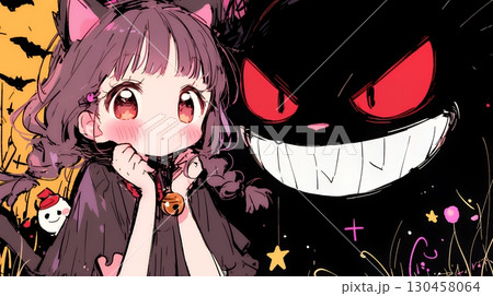 キモかわいいハロウィーンコスプレの女の子（クレヨンと水彩画風）