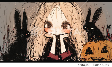 キモかわいいハロウィーンコスプレの女の子（クレヨンと水彩画風）