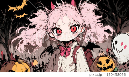 キモかわいいハロウィーンコスプレの女の子（クレヨンと水彩画風）
