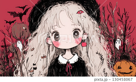 キモかわいいハロウィーンコスプレの女の子（クレヨンと水彩画風）