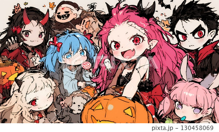 キモかわいいハロウィーンコスプレの女の子（クレヨンと水彩画風）
