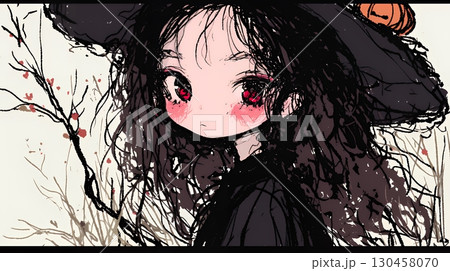 キモかわいいハロウィーンコスプレの女の子（クレヨンと水彩画風）