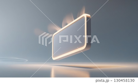 Modern illuminated speech bubble sign with glowing border and smoke effect on dark background for communication, social media, and digital messaging themes 130458130