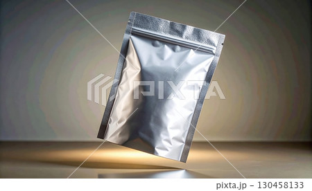 Silver reflective foil package standing upright with a curved top, isolated on gray background with soft lighting, empty for product display use Silver reflective foil package standing upright with a curved top, isolated on gray background with soft lighting, empty for product display use 130458133