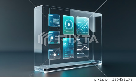 futuristic transparent glass digital display device showcasing various analytics interfaces with advanced technology and data visualization elements 130458175