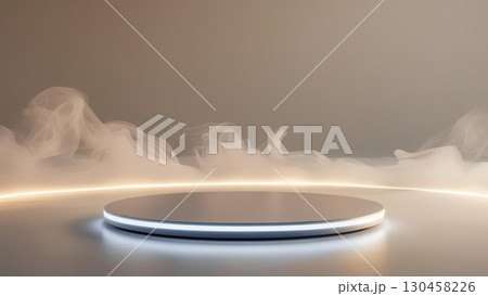 Modern illuminated circular platform with subtle fog and minimal background, futuristic showcase or display stand with ambient lighting for product presentation 130458226