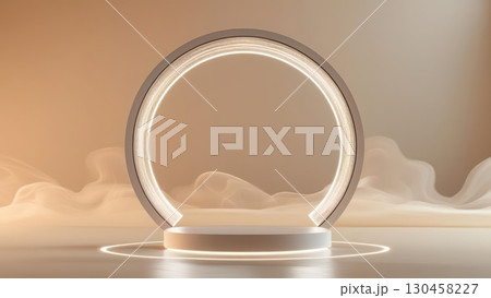 Modern circular lighting fixture with LED in a minimalistic room creating ambient glow and futuristic interior lighting design with soft fog effect Modern circular lighting fixture with LED in a minimalistic room creating ambient glow and futuristic interior lighting design with soft fog effect 130458227