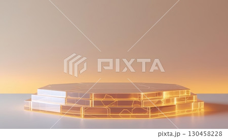 Futuristic hexagonal layered glowing transparent platform with illuminated edges on a smooth reflective surface under soft pastel sky lighting Futuristic hexagonal layered glowing transparent platform with illuminated edges on a smooth reflective surface under soft pastel sky lighting 130458228