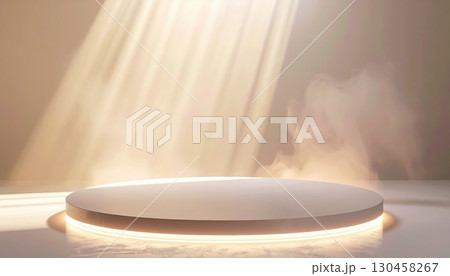 Minimalist circular platform with soft glowing lights and fog effect illuminated by warm natural sunlight creating a serene modern display setting 130458267