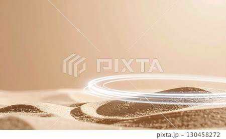 Minimalist abstract landscape with gentle sand dunes and glowing circular light trails creating a serene atmosphere and a sense of calm and tranquility 130458272