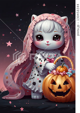 Cute Cartoon Kitten with Pumpkin for Halloween 130458344