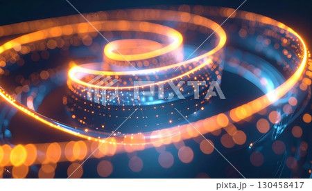 Vibrant glowing spiral pattern with dynamic light effects in motion representing energy flow and futuristic digital technology visualization 130458417