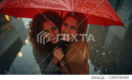 Two friends share warm smiles beneath vibrant red umbrella in rainy city 130458489