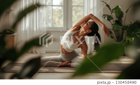 Woman stretches gracefully on yoga mat in sunlit airy living room 130458490