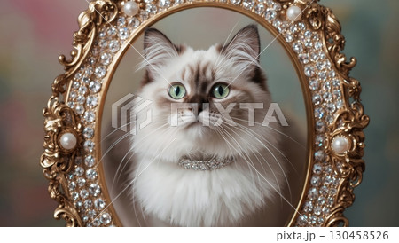 Kitsch portrait of fluffy white cat with sparkling collar in ornate frame Kitsch portrait of fluffy white cat with sparkling collar in ornate frame 130458526