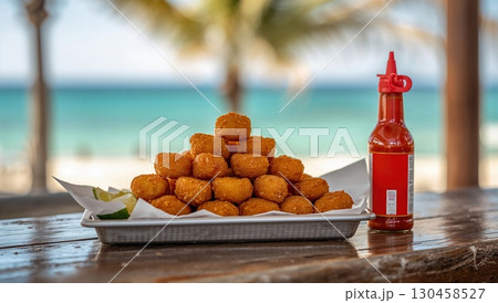 Golden fried yaniqueques with lime and hot sauce by turquoise seaside Golden fried yaniqueques with lime and hot sauce by turquoise seaside 130458527