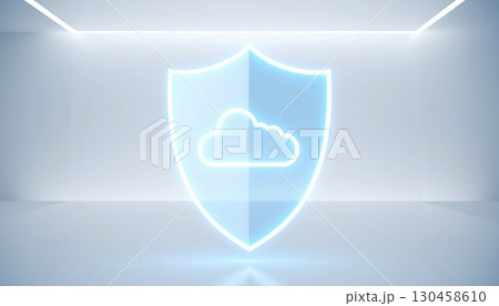 A softly illuminated blue shield with a cloud inside stands confidently in a sleek, minimalist white room symbolizing cloud security and protection measures. 130458610