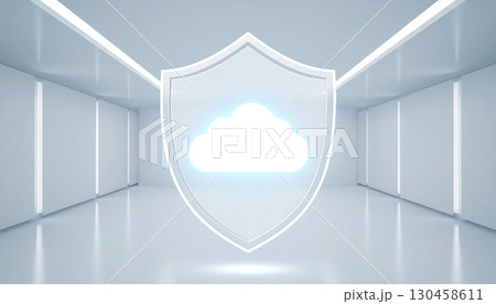 A glowing cloud symbol inside a shield represents secure cloud computing and data protection in a clean modern white futuristic space illuminated by bright lights. 130458611