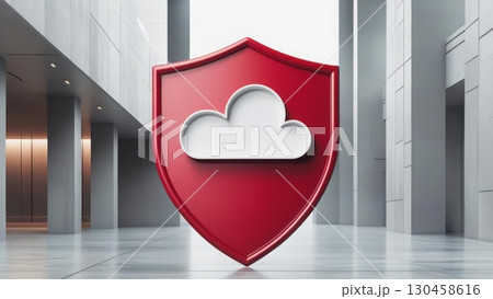 A red shield with a white cloud icon stands prominently in a minimalist, bright, modern architectural space, representing data protection and cloud security. 130458616