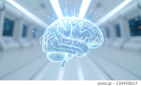 Futuristic glowing brain hologram with connected dots in a clean white corridor represents ligence, artificial ligence, and neurological research. 130458617