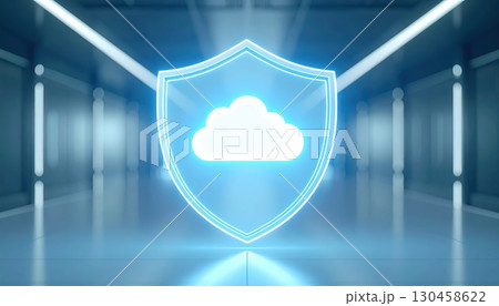 A luminous cloud icon inside a glowing shield represents cloud computing and data security in a futuristic blue corridor with bright lights, showcasing technology at work. 130458622