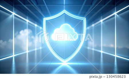 A glowing blue shield with a cloud inside symbolizes secure cloud computing and data protection in a modern, abstract digital environment with bright lighting. 130458623