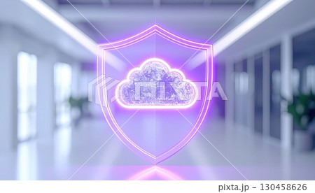 The glowing neon cloud inside a shield represents secure data storage and cloud computing in a bright modern office environment, symbolizing digital protection. 130458626